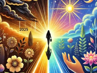 Ilustrasi inspiratif tentang perjalanan pribadi di tahun 2025, menampilkan seseorang berjalan di jalan bercahaya yang membelah masa lalu yang gelap dan masa depan yang cerah, dengan simbol harapan seperti bunga bermekaran, matahari terbit, dan tangan-tangan pendukung di sekitar