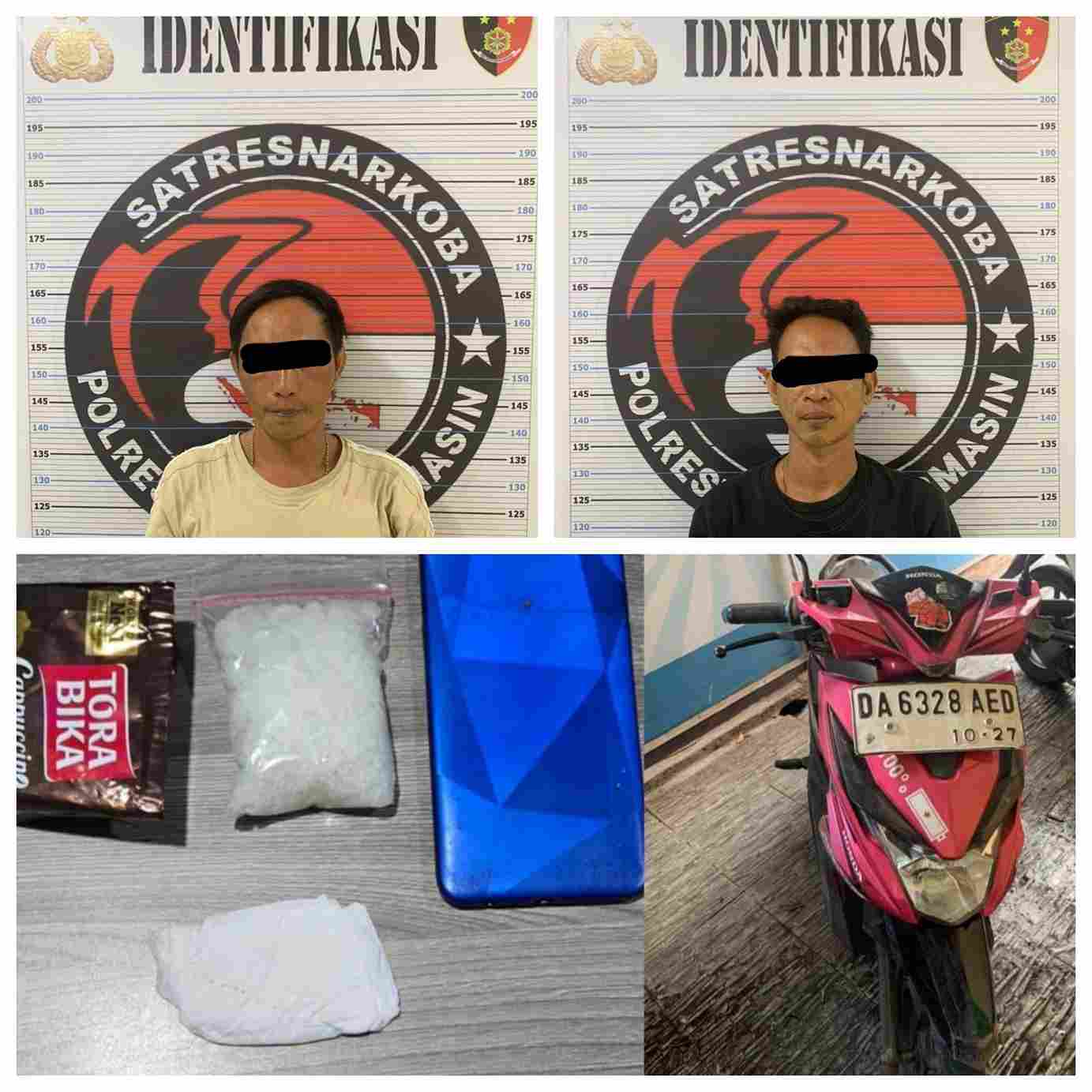 Penangkapan dua pria tersangka pengedar narkoba di Jalan A. Yani Km 5,5 Banjarmasin oleh Satuan Res Narkoba Polresta Banjarmasin. Barang bukti berupa sabu-sabu seberat 49,67 gram ditemukan dalam bungkus kopi sachet, bersama dengan ponsel dan sepeda motor Honda Beat.