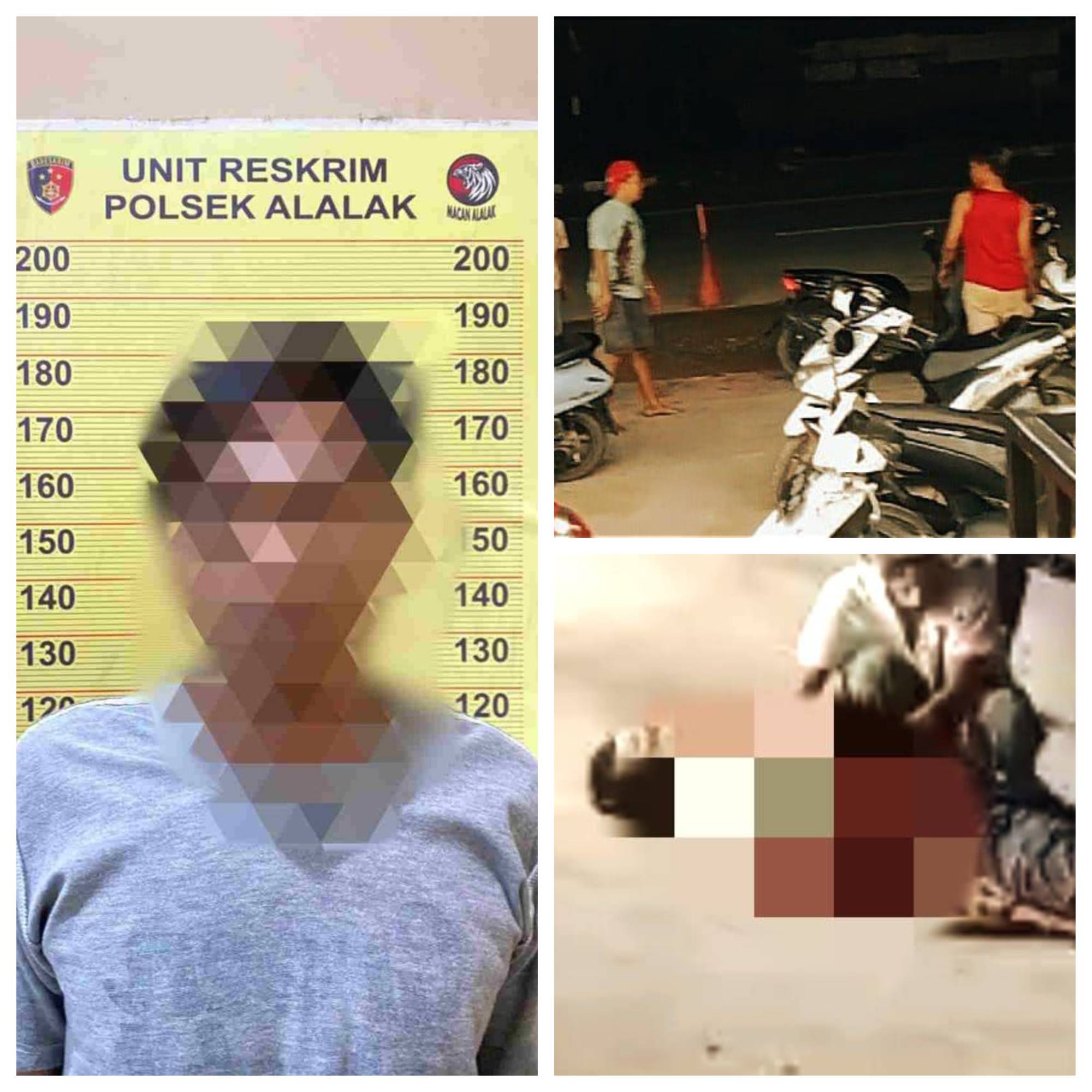 Gambar ilustrasi dua pria terlibat pertikaian, salah satunya memegang senjata tajam, di bawah cahaya redup di lingkungan toko pinggir jalan