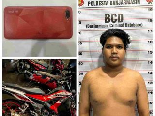 Polisi menangkap tersangka perampokan handphone dengan kekerasan di Banjarmasin, M. Achdiyatel Wafa, sambil menyita barang bukti sepeda motor dan handphone korban.