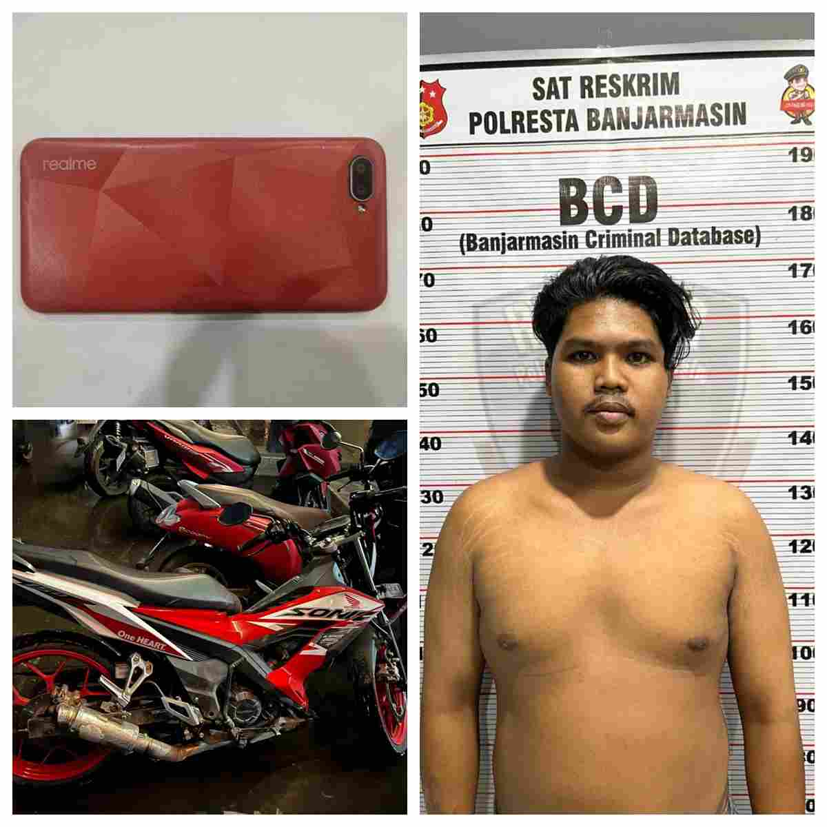 Polisi menangkap tersangka perampokan handphone dengan kekerasan di Banjarmasin, M. Achdiyatel Wafa, sambil menyita barang bukti sepeda motor dan handphone korban.