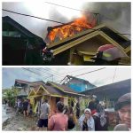Warga dan petugas pemadam kebakaran berusaha memadamkan api yang menghanguskan rumah milik Lahuri di Belitung Darat, Banjarmasin Barat, akibat korsleting listrik.