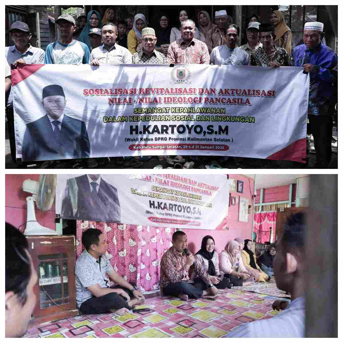 Wakil Ketua DPRD Provinsi Kalimantan Selatan, H. Kartoyo, S.M., memberikan sambutan dalam acara sosialisasi wawasan kebangsaan di rumah warga desa Bamban, Kecamatan Angkinang, Kabupaten Hulu Sungai Selatan, pada Kamis, 30 Januari 2025.