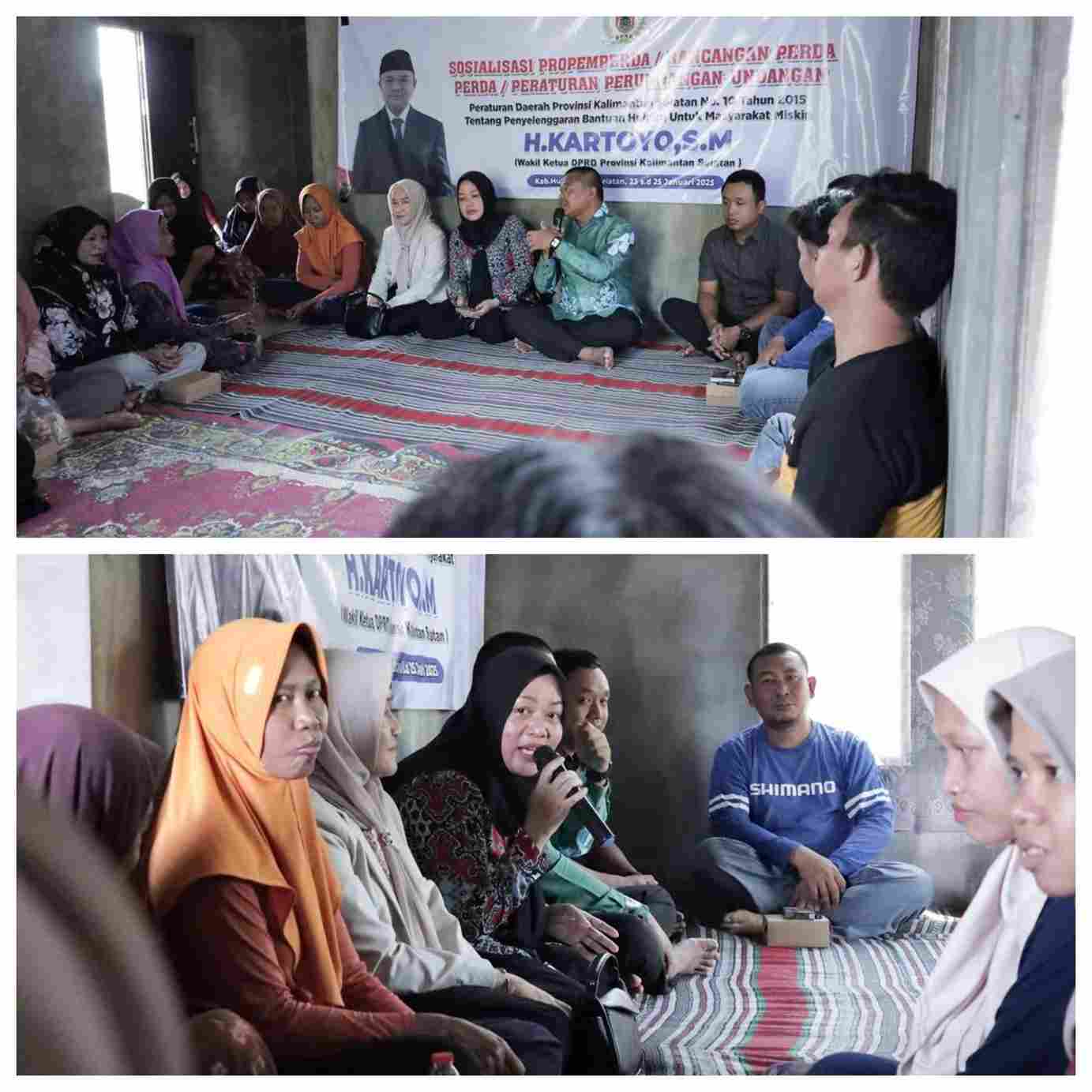 sosialisasi Perda Bantuan Hukum untuk Masyarakat Miskin yang dihadiri oleh warga Desa Bamban dan tokoh masyarakat. H. Kartoyo, S.M., Wakil Ketua DPRD Kalsel, sedang menjelaskan tentang hak-hak hukum yang dapat diakses oleh masyarakat miskin.