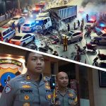 Keramaian di lokasi kecelakaan beruntun di Jalan S. Parman, dengan kendaraan rusak, petugas polisi, dan suasana penuh kepanikan di malam hari.