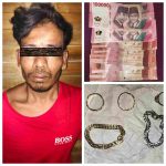 Pelaku pencurian kendaraan bermotor (curanmor) bersama barang bukti, termasuk sepeda motor curian, cincin emas, ponsel, dan uang tunai yang disita oleh polisi.