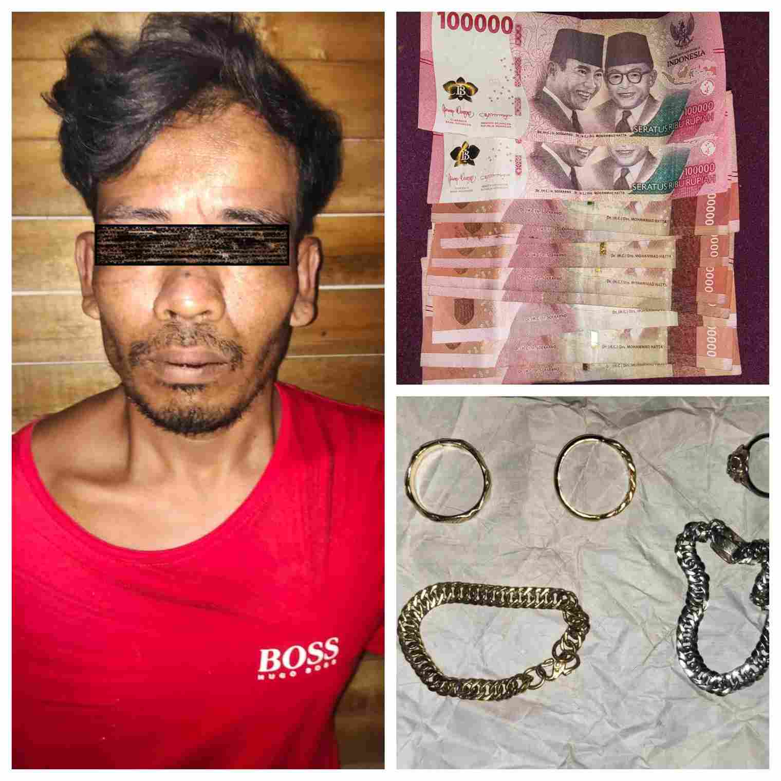 Pelaku pencurian kendaraan bermotor (curanmor) bersama barang bukti, termasuk sepeda motor curian, cincin emas, ponsel, dan uang tunai yang disita oleh polisi.